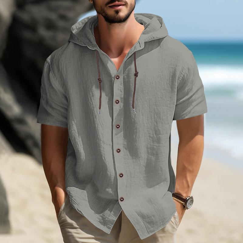 Summer Cotton Linen Shirt for Men Hooded Short Sleeve Solid Color Breathable Lightweight Drawstring Design Shirts Casual Basic Tees