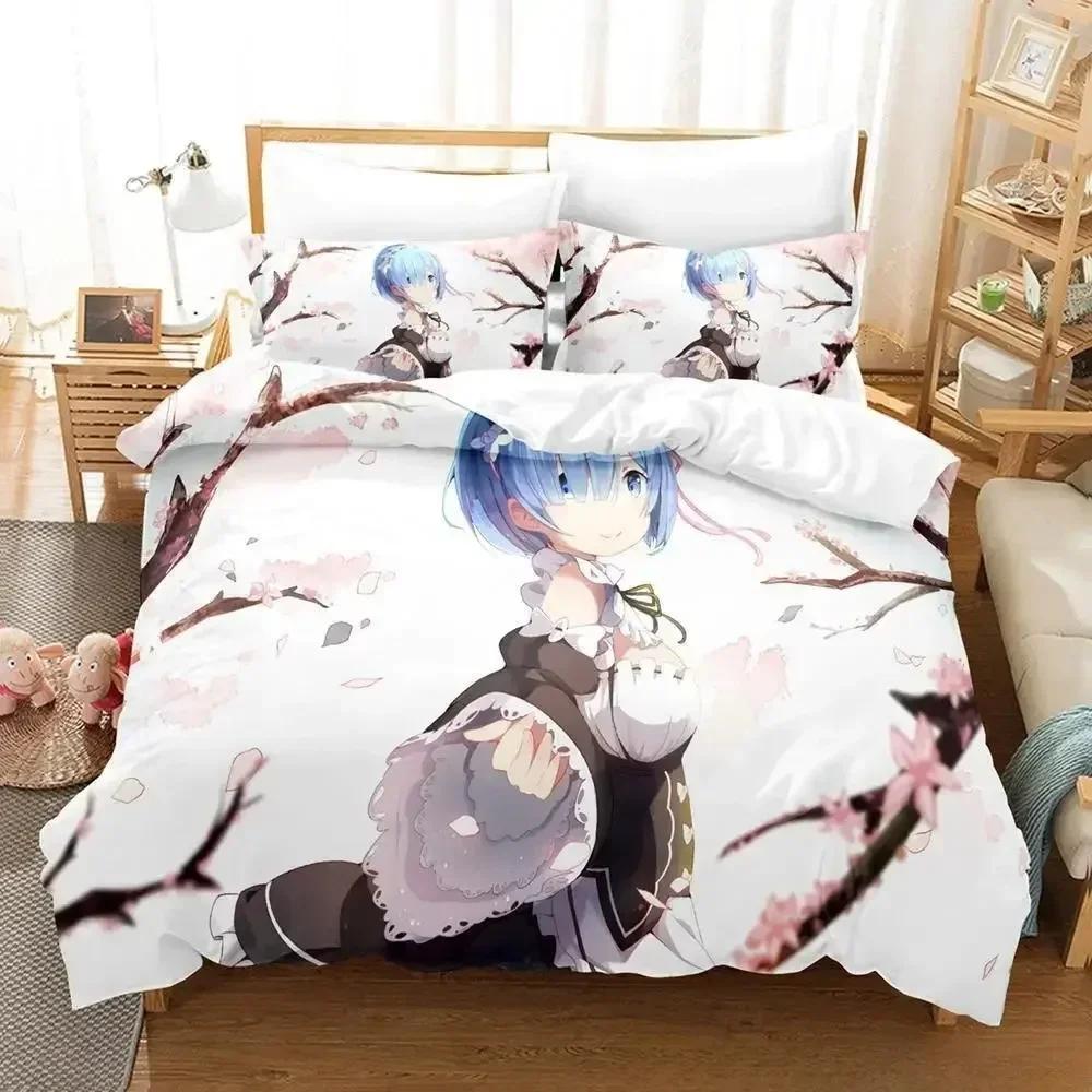 New Re Zero Rem Ram Bedding Set Cartoon Anime Three-piece Set Adult Kid Bedroom Duvet Cover Sets 3D Kawaii Girl Home Textile