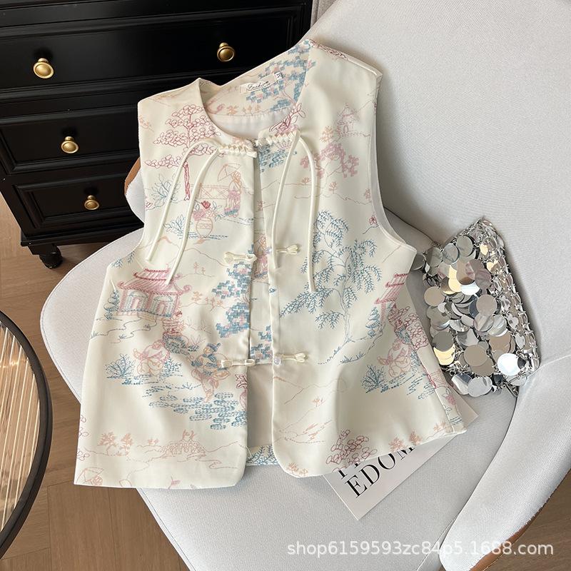 Zen embroidered vest vest early spring new retro vest stacked top