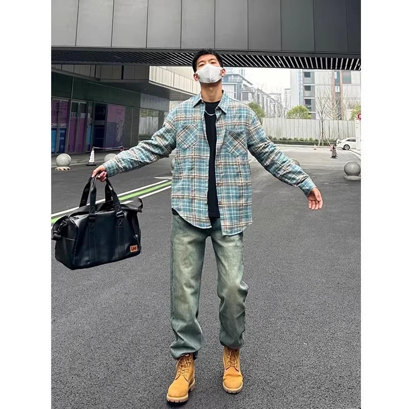 

Мужская рубашка в синюю клетку в американском ретро-стиле 2025 года - Высококачественная, свободного кроя для весны/осени XL