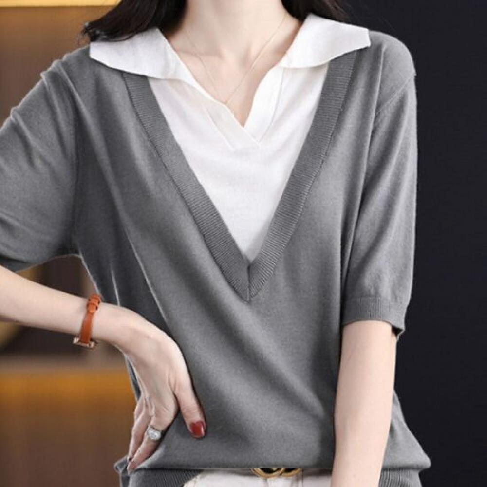 NaVaVa Soft Two In One V Neck Collar Short sleeVe Knit Tee Nk1400