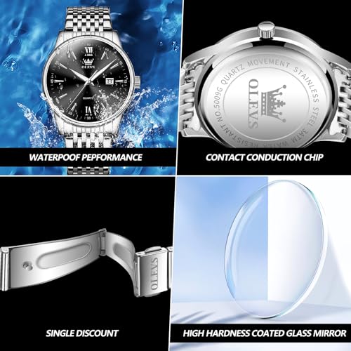 OLEVS Men's Stylish and Popular Black Quartz Analog Watch for Business and Work, Waterproof, Silver Stainless Steel Band, Black Dial, Date Display, Si