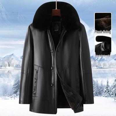 Men's Fur-Lined Leather Jacket with Plush Lining - Ideal Winter Wear for Middle-Aged and Elderly.