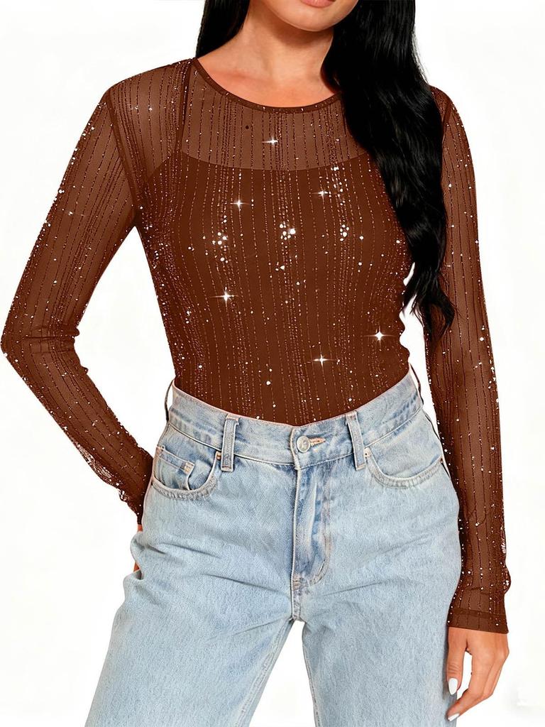 Women's High-Neck Sequin Long Sleeve Top - Spring/Autumn 2026, Stylish & Transparent Inner Layer