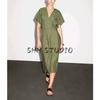 MD Summer New Arrival Women's Vacation Normcore Old Money Style Linen Blend V Neck Short Sleeve Long Dress 6616530