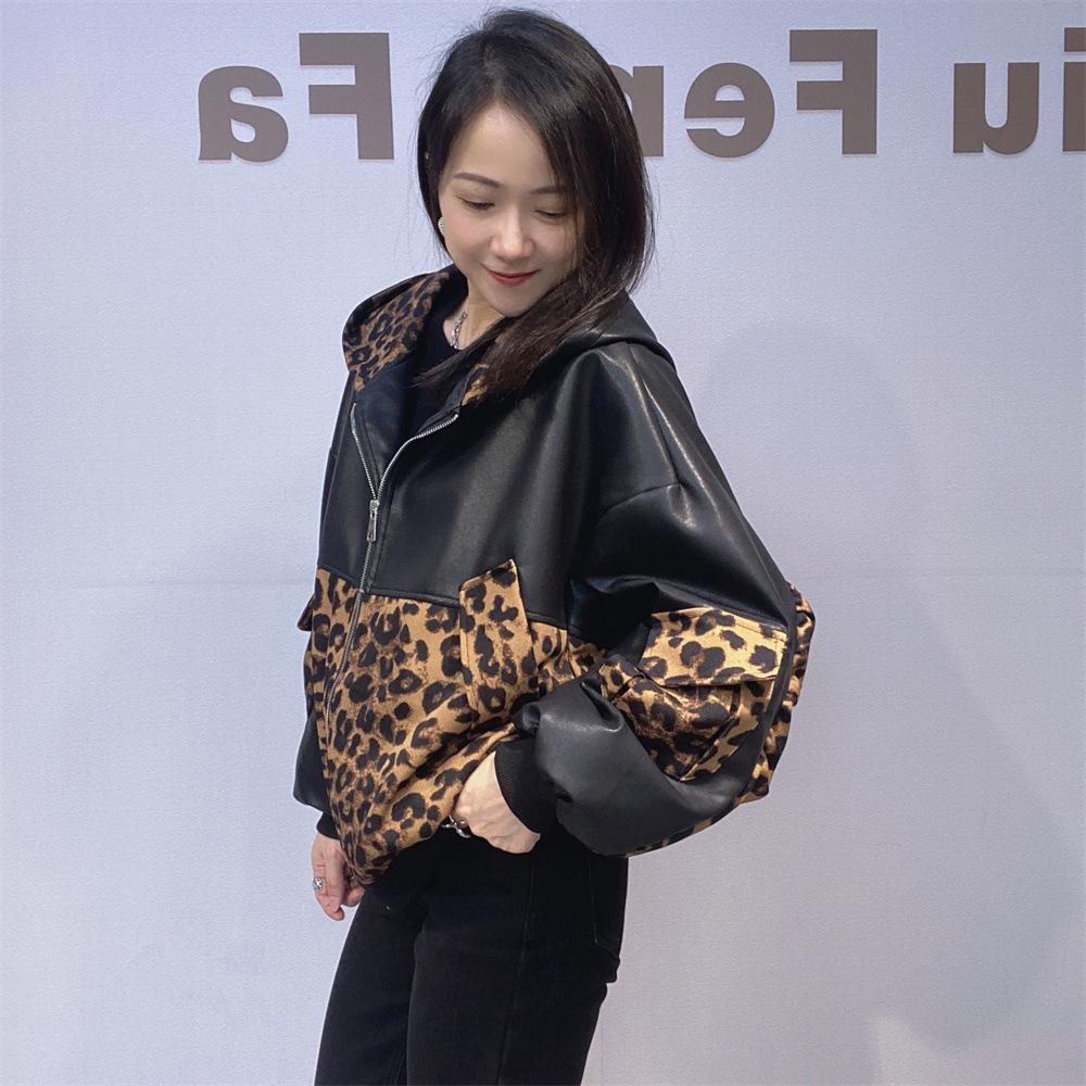 Autumn and Winter Leopard Print Patchwork Leather Cardigan Women's Hot Diamond Long-sleeved Top Versatile Bat Sleeve Leather Jacket