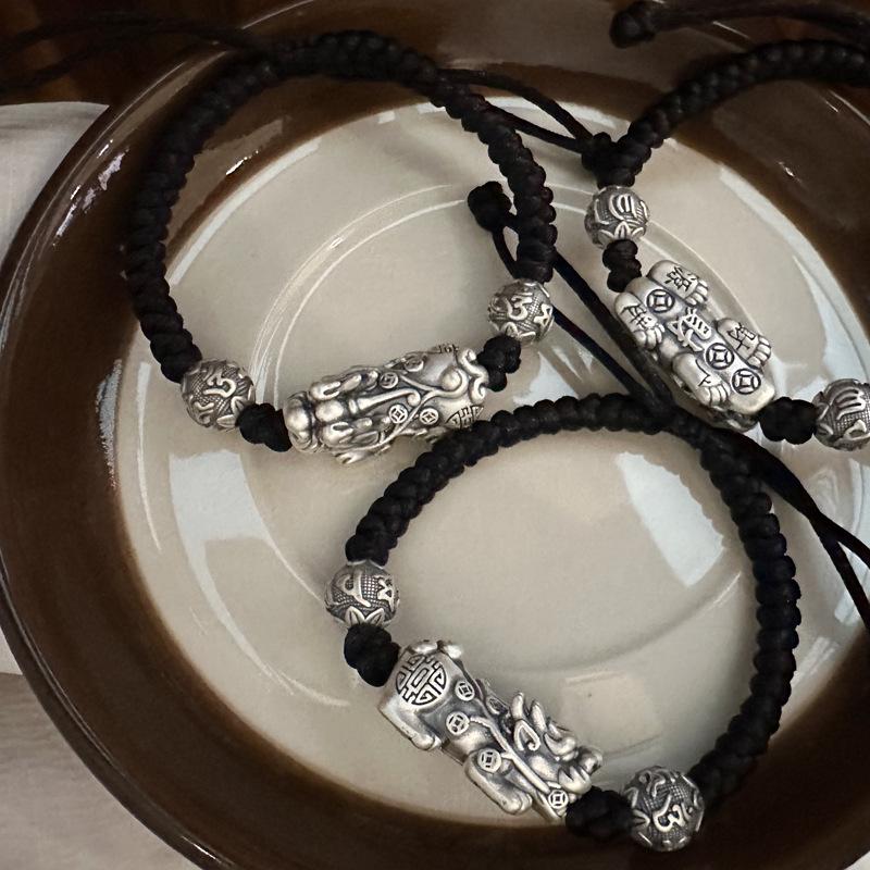 999 Sterling Silver Ethnic Style Pixiu Bracelet for Men and Women with Luck-Turning Beads 999 Sterling Silver