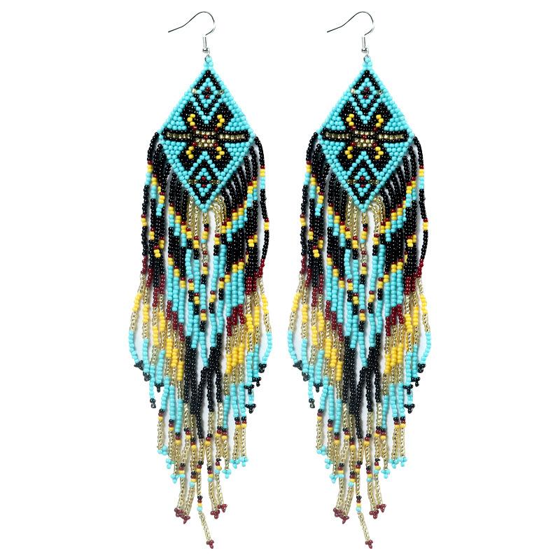 1 Pair of Bohemian Beaded Colorful Geometric Long Earrings as Earring Accessories