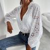 Women Shirt V-Neck Lantern Long Sleeve Single Breasted Shirt Tops Ruffle Details Hollow Design Casual Shirt