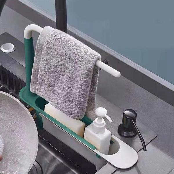 Organizator telescopic de bucătărie peste chiuvetă cu cuier pentru prosoape, coș de scurgere subțire extensibil pentru baie de acasă