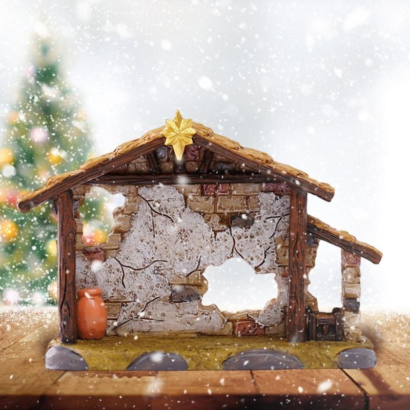 Resin  Scene Stable Creche Christmas Manger Shed Statue Decoration Ornament For Home Church Desktop Display