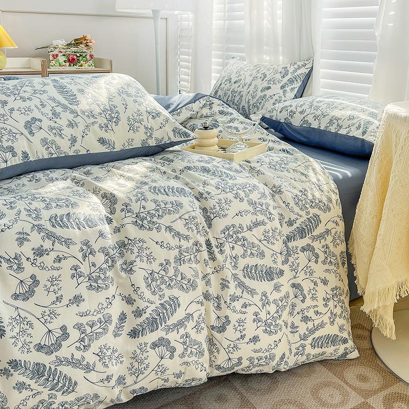 Washed Cotton 4Pcs Set, Double-Layer Yarn Quilt Cover, Dormitory Bed Sheet Three-Piece Set, Household Bedding