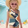 Girls One Shoulder Ruffle One Piece Swimsuit Abstract Printed Beach Swimwear