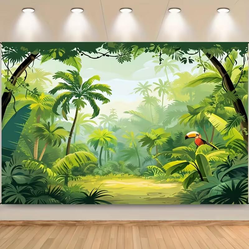 2D Safari Party Hintergrund Cartoon Dschungel Wald & Tukan Hintergrundtuch