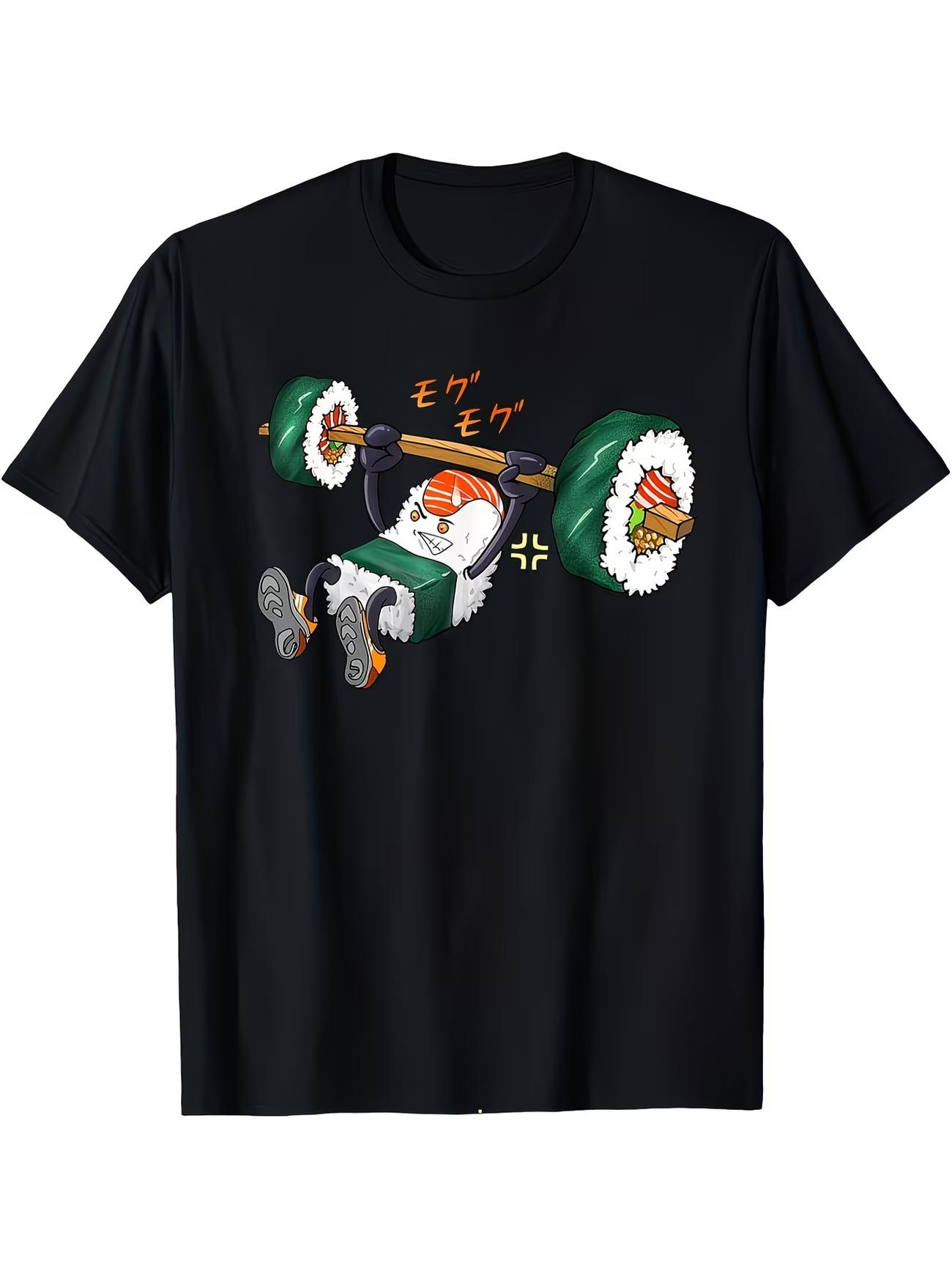 

Sushi-themed Weightlifting Character Print T-shirt, Casual Style, Suitable for Everyday Wear or As A Gift Short Sleeve.women ... S