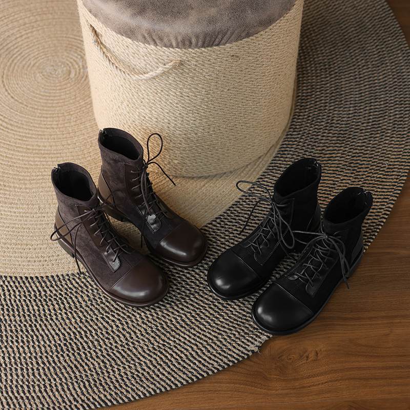 Krazing Po Microfiber Winter Round Toe Size 33 Western Boots Size 43 Lace Up Low Heels European Designer Ankle Boots