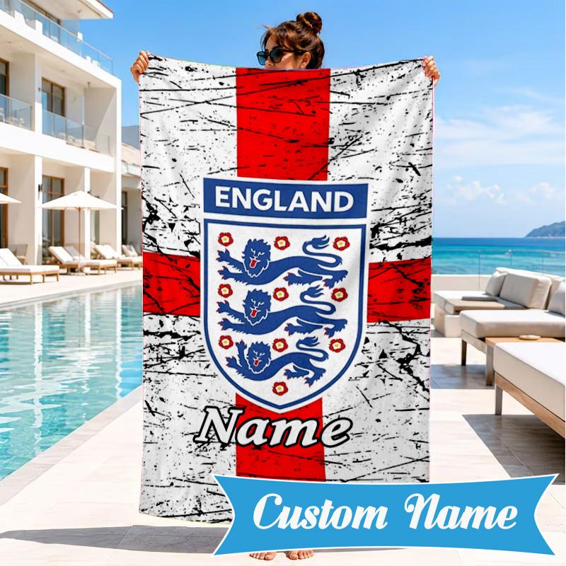Custom Name Beach Towel England Heritage Crest Microfiber Beach Towel, Lightweight for Summer Travel, Swimming Pool Fan Birthday Gift