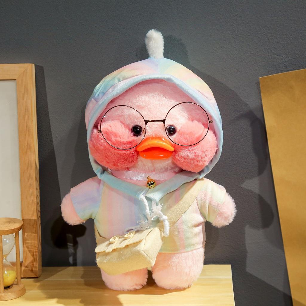 30cm Charming Cafe Pink Duck Stuffed Plush Animals Toy Wear Goggles and Hoodie Soft Doll Girl Birthday Creative Gift for Girls