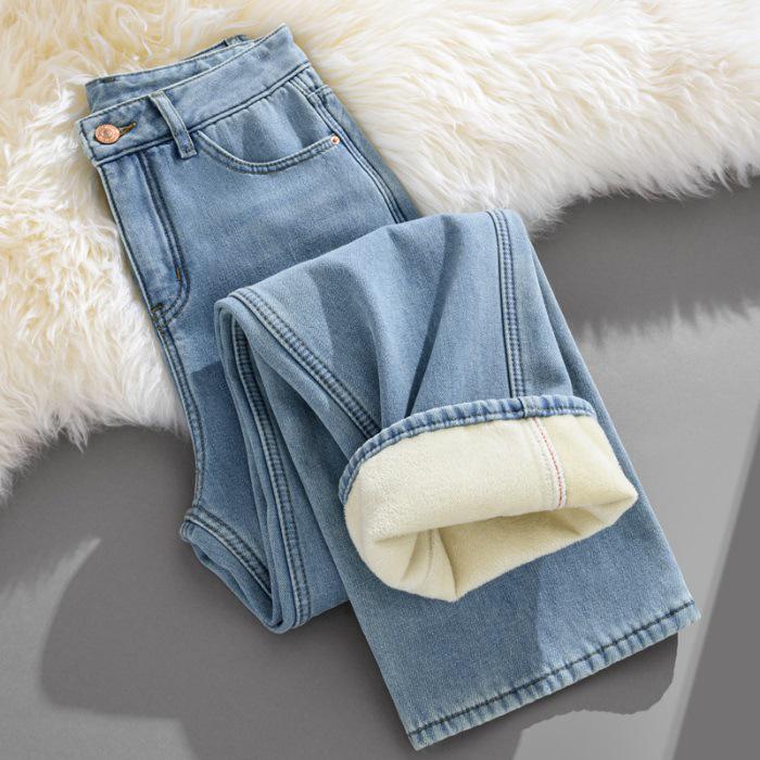 

Women s Dark Blue Fleece-Lined Wide-Leg High-Waisted Jeans for Autumn/Winter 2025 Medium