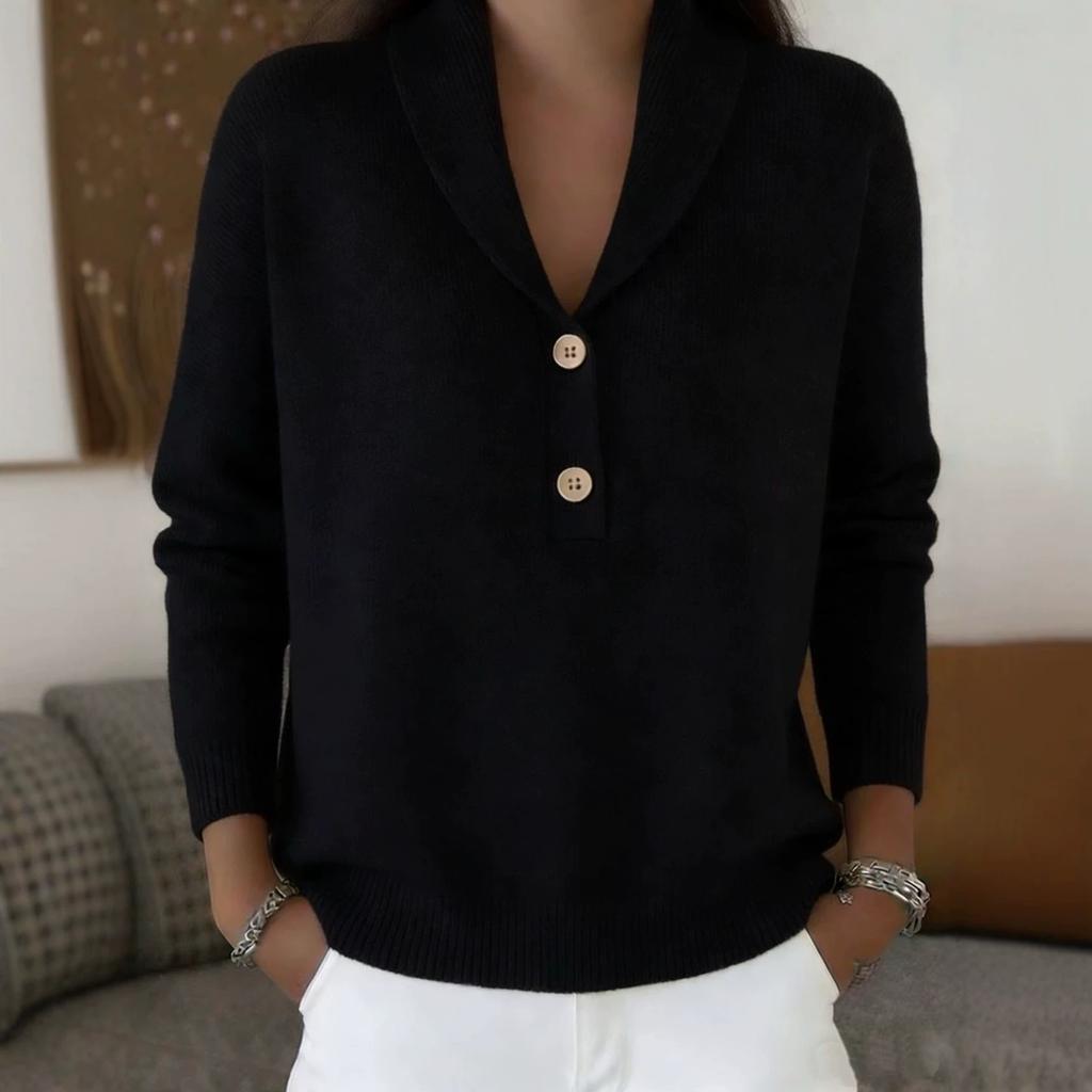 Women Shawl Collar Button Front Knit Sweater Long Sleeve Ribbed Trim Pullover Top