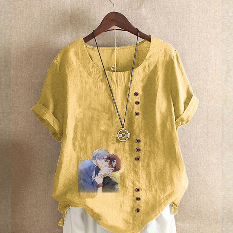 Moda Donna Maglietta Manica Corta Girocollo Stampata Coppia Carina Casual Cotone Lino Maglietta Grafica Tempo Libero Ampia Blusa Estiva Top