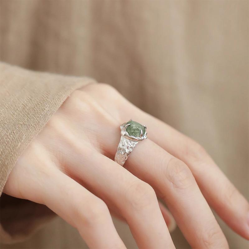 Bf Club Copper Color Rings For Women Simple Geometric Handmade Irregular Green Stone Ring Allergy For Birthday Party Gift