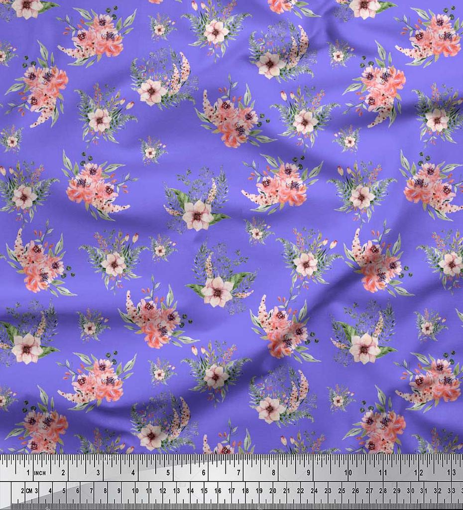 Soimoi Red Poly Crepe Fabric Mignon Dahlia & Peony Floral Fabric Prints By Metre 42 Inch