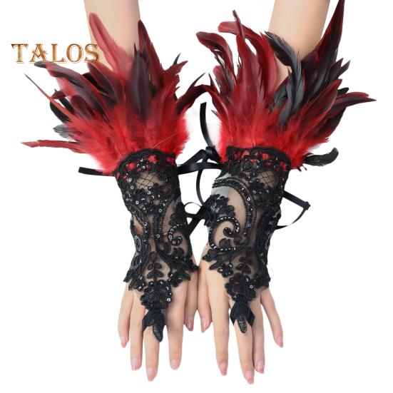 

1 шт., сексуальные кружевные длинные перчатки из искусственного пера, готические сетчатые рукава, варежки с вышивкой для Хэллоуина, женские сценические аксессуары красный