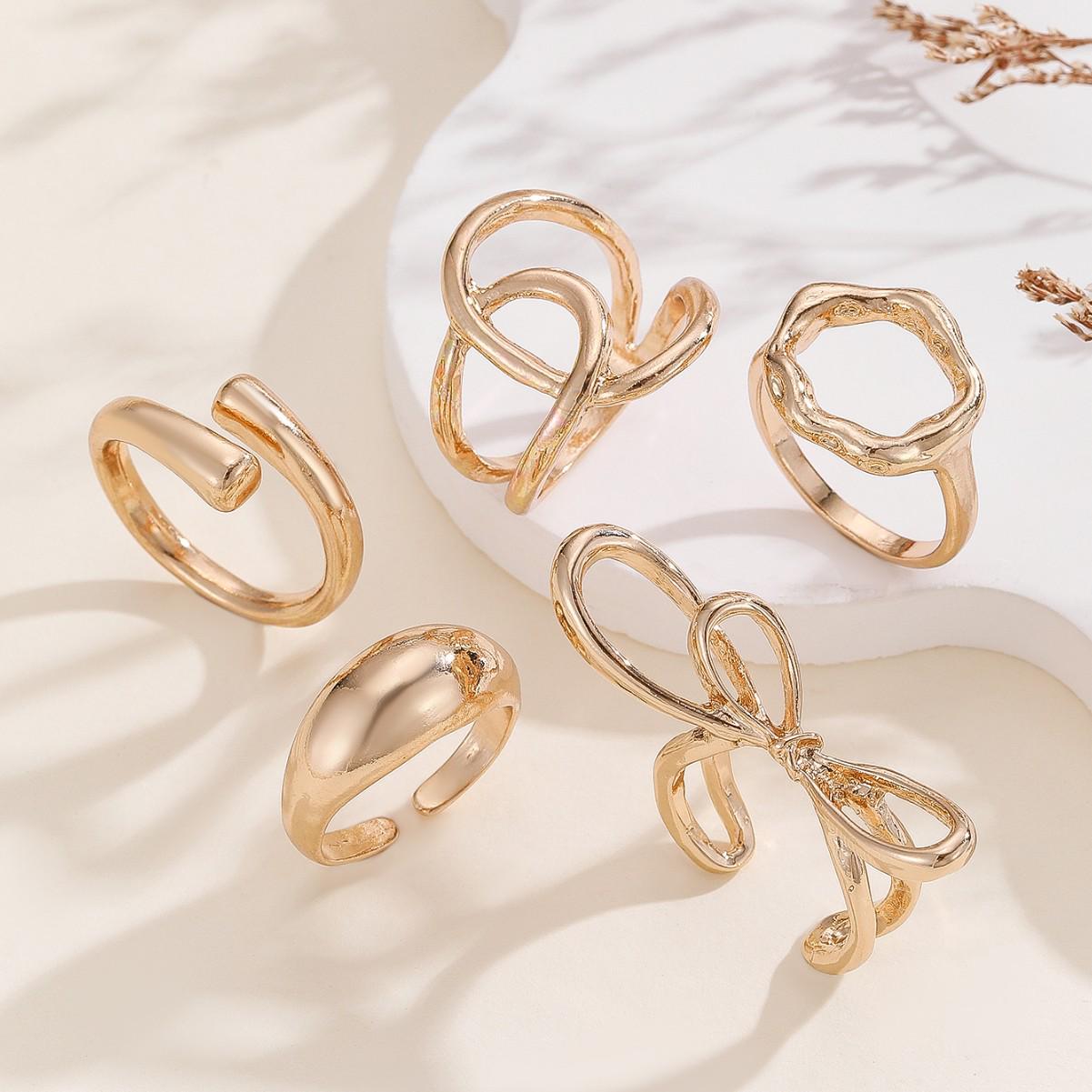 Набор колец  Золотой цирконовый бант : 5 неровных европейских и американских открытых колец золотой
