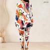 Women Plus Size White Red Black Printed Two Piece Set Round Neck Long Sleeve Longline Top Fitted Pants