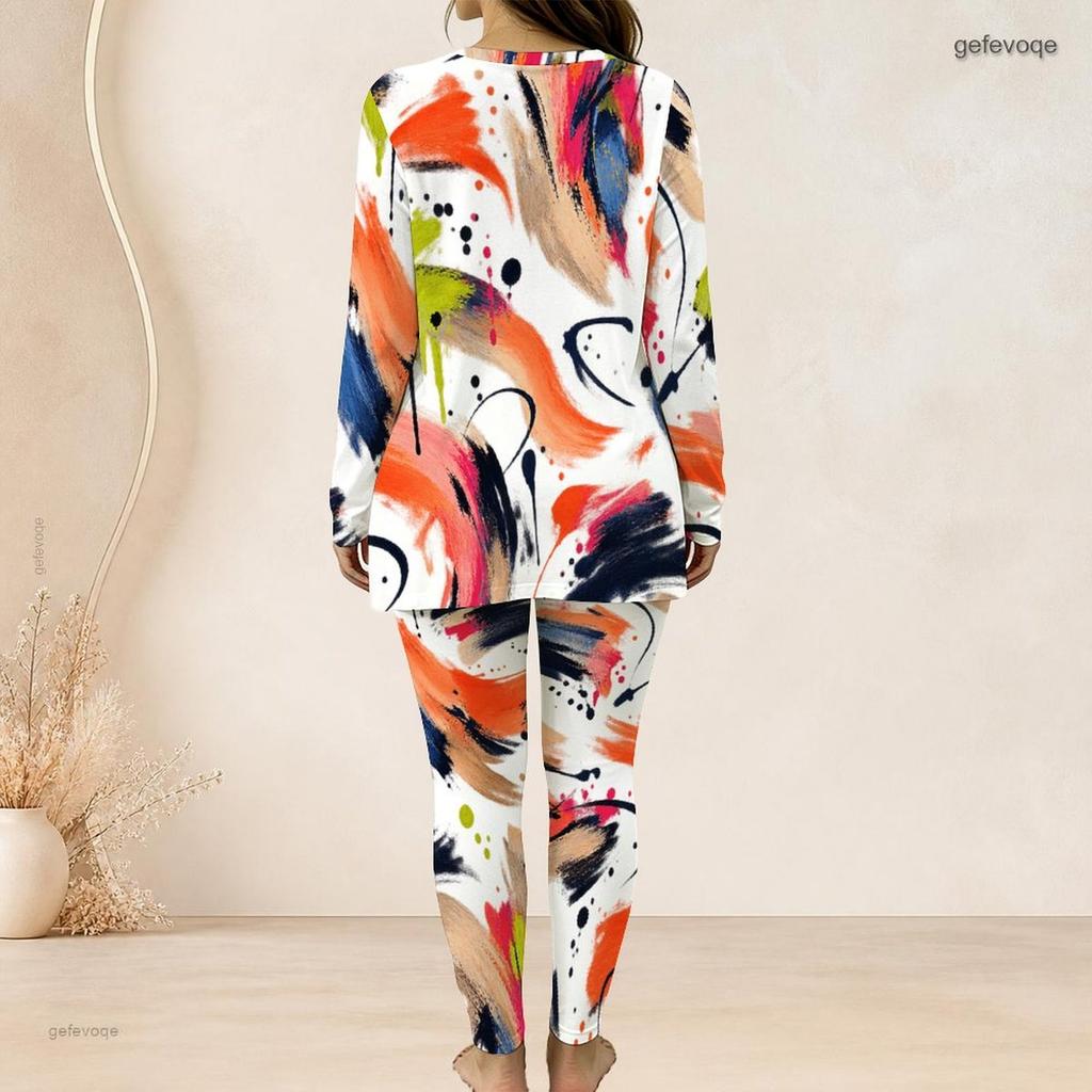 Women Plus Size White Red Black Printed Two Piece Set Round Neck Long Sleeve Longline Top Fitted Pants