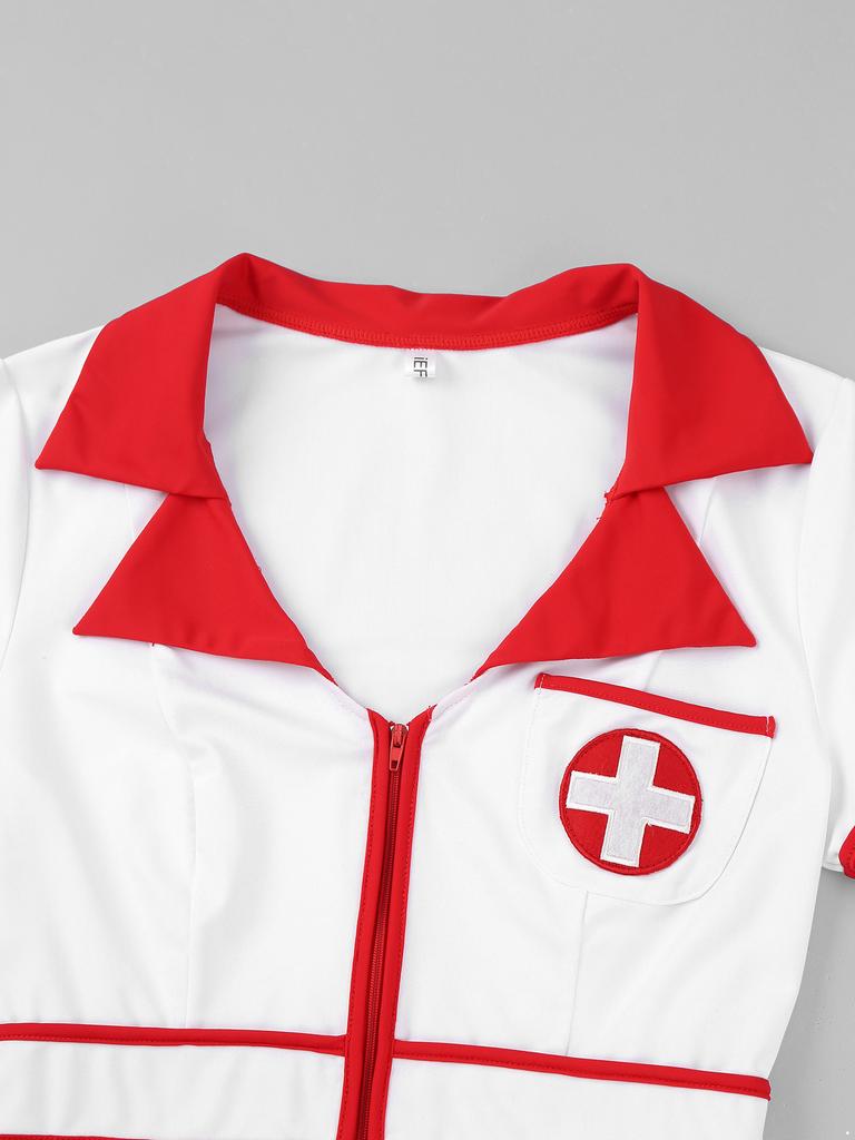 Womens Nurse Dress and Hat Costume Set Short Sleeve Front Zipper Cross Patch Dress with Headwear