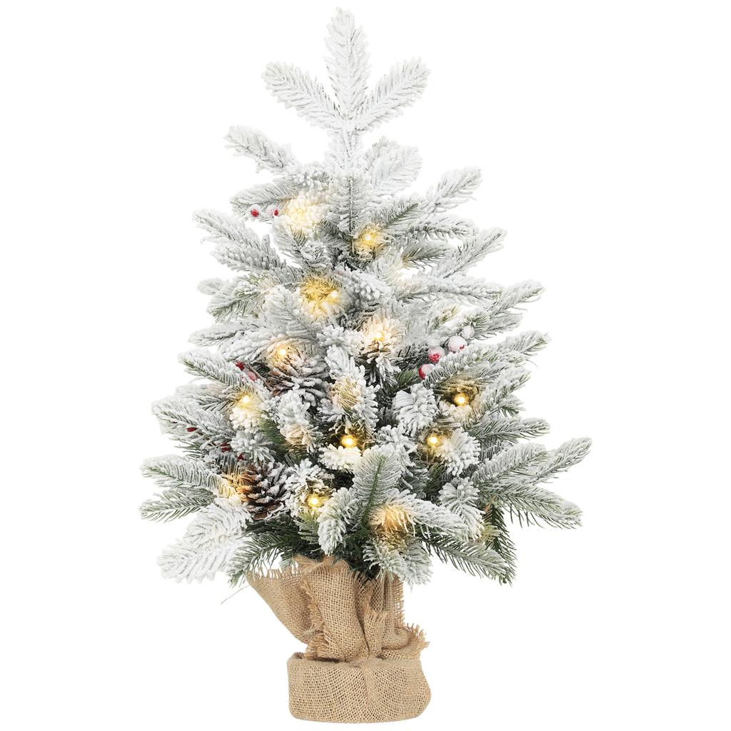 Artificial Mini Christmas Tree, 60 cm, 35 LED Lights, 182 Branches, Snow, Burlap Base