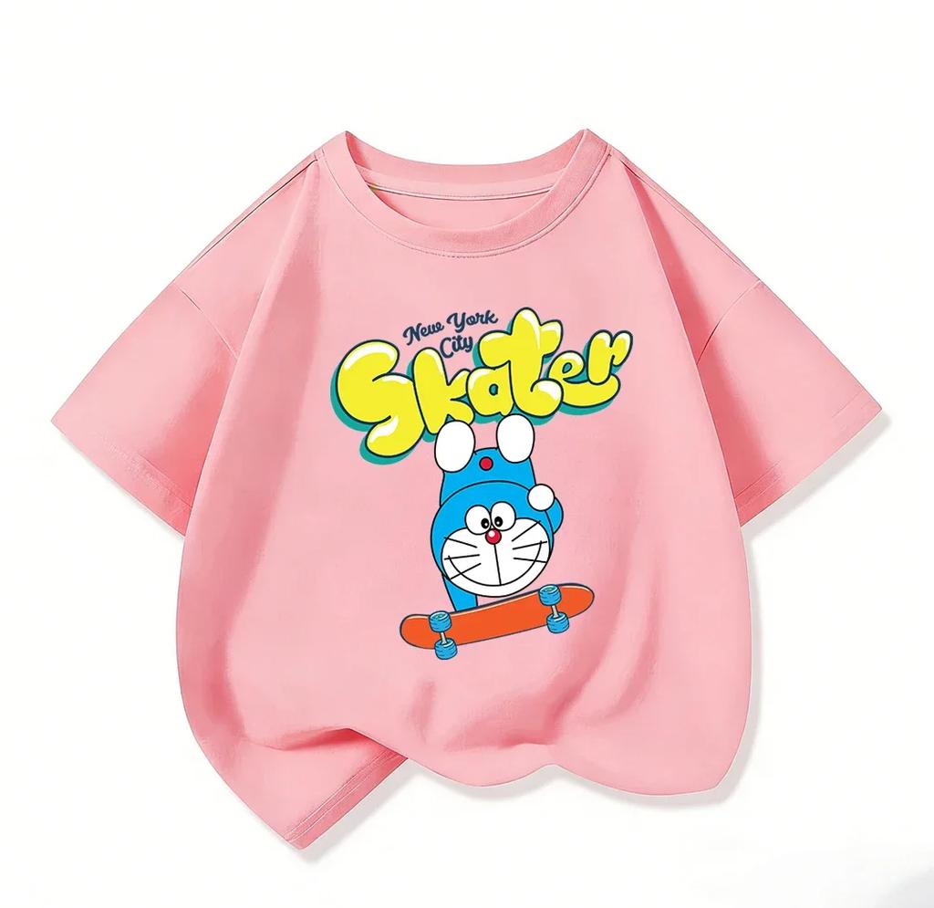 Cute Children Crew Neck T Shirt Summer Fashion Cartoon Print Trendy Street Casual Tops Doraemon Boys Girls Outfit 314Y