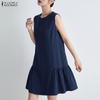 ZANZEA Women Casual Round Neck Solid Color Summer Sleeveless Dress