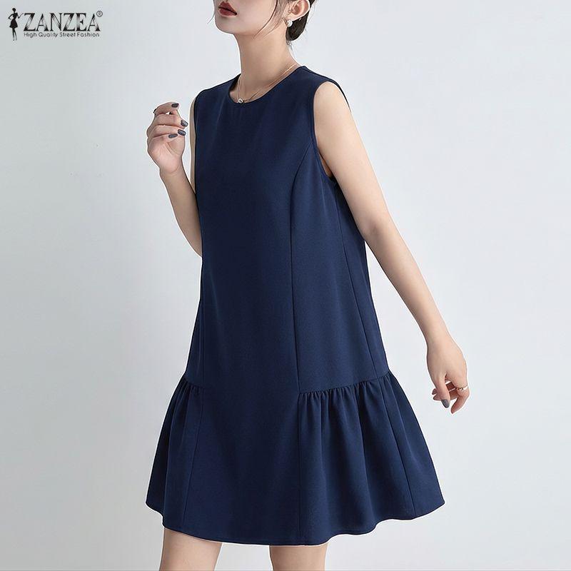 ZANZEA Women Casual Round Neck Solid Color Summer Sleeveless Dress