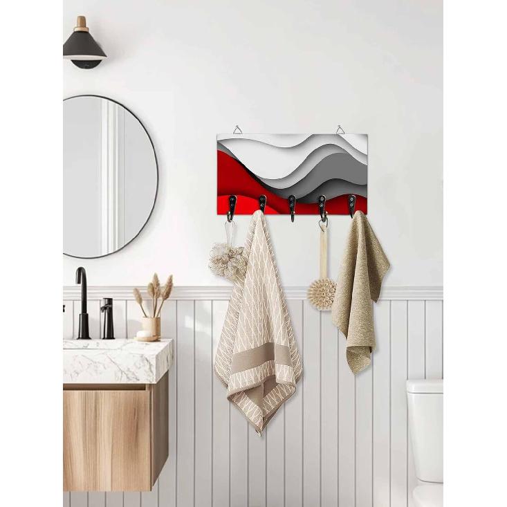Key Holder for Wall Red White Water Ripple Wall Mounted Key Holder Wooden Key Rack with 5 Key Hooks, Keys Hanger Organizer for Living