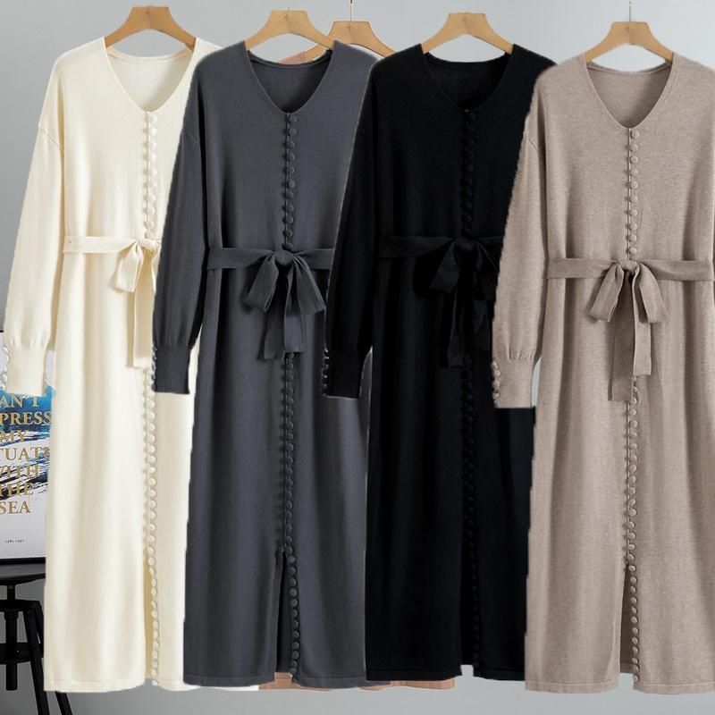 V-neck Bottom Knitted Long Dress Loose Large Size Solid Color Women's Dress