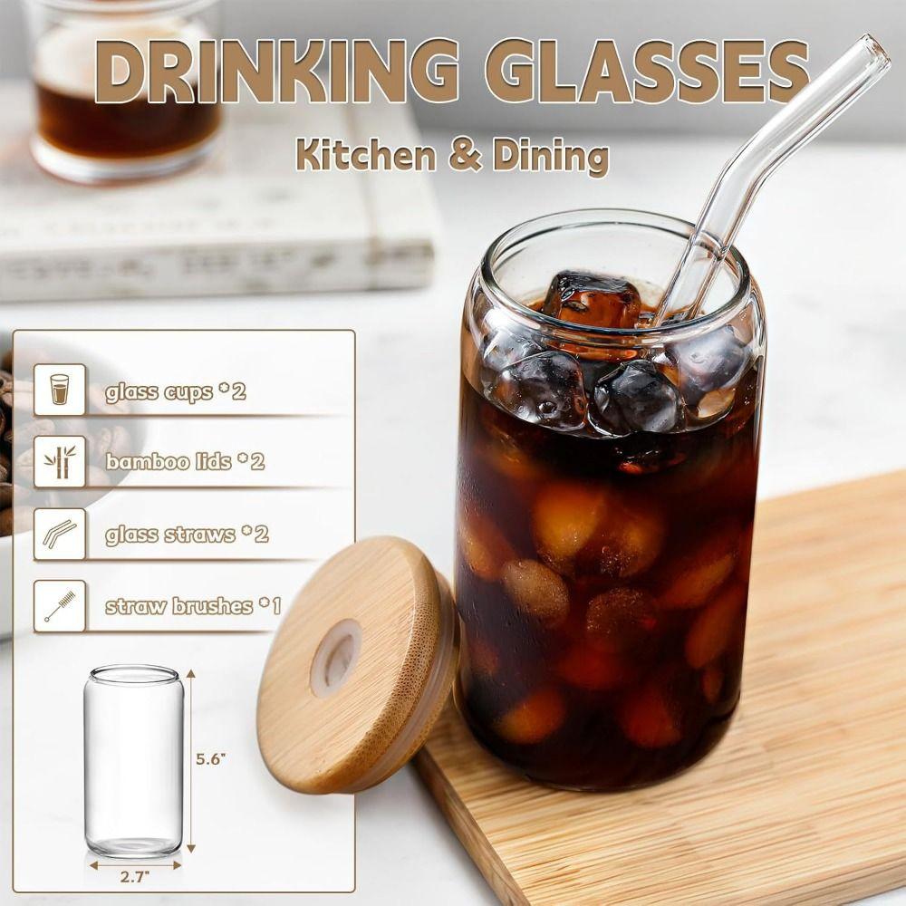 Bambusdeckel Matcha-Glas mit Strohhalm Kaffeetasse Mason Jars für Cocktail Whiskey Milch Saft Cola