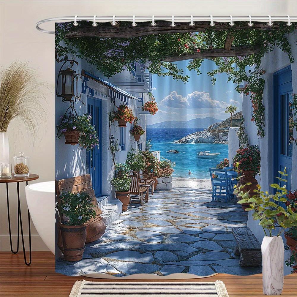 Greek Alley Shower Curtain Whitewashed Walls Terracotta Pots Flowers Polyester Machine Washable With 12 Hooks For Bathroom Decor