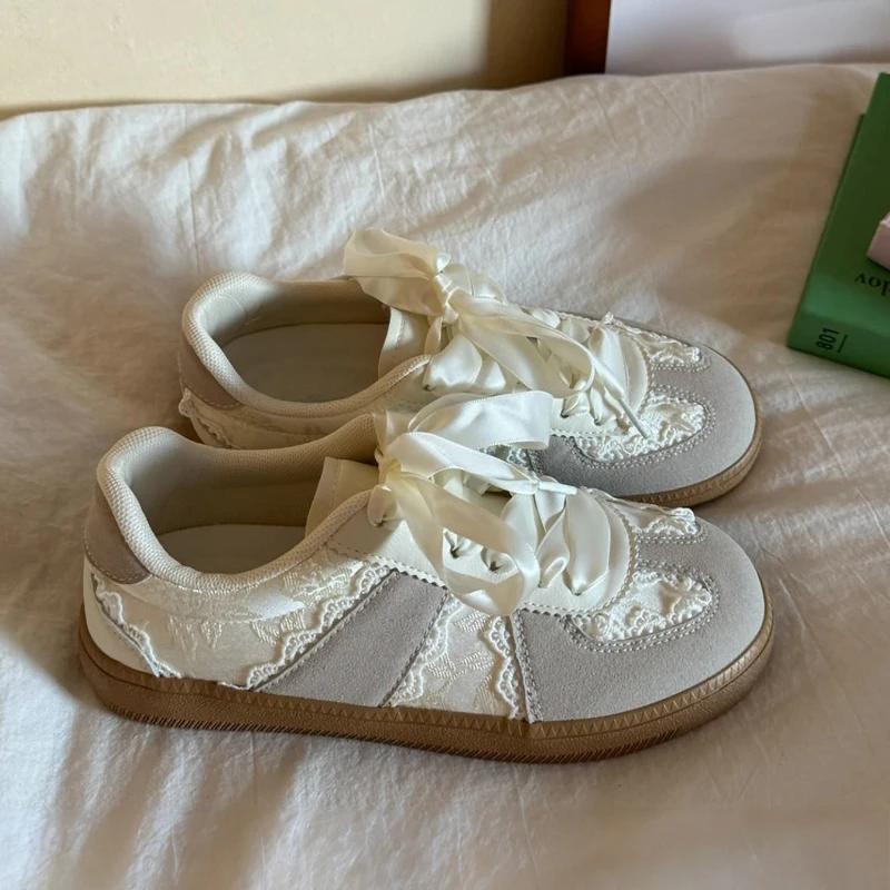 Fashion French Lace - Satin Ribbon Trainer Sneakers | Cream - Sweet Vintage Sporty Sneakers