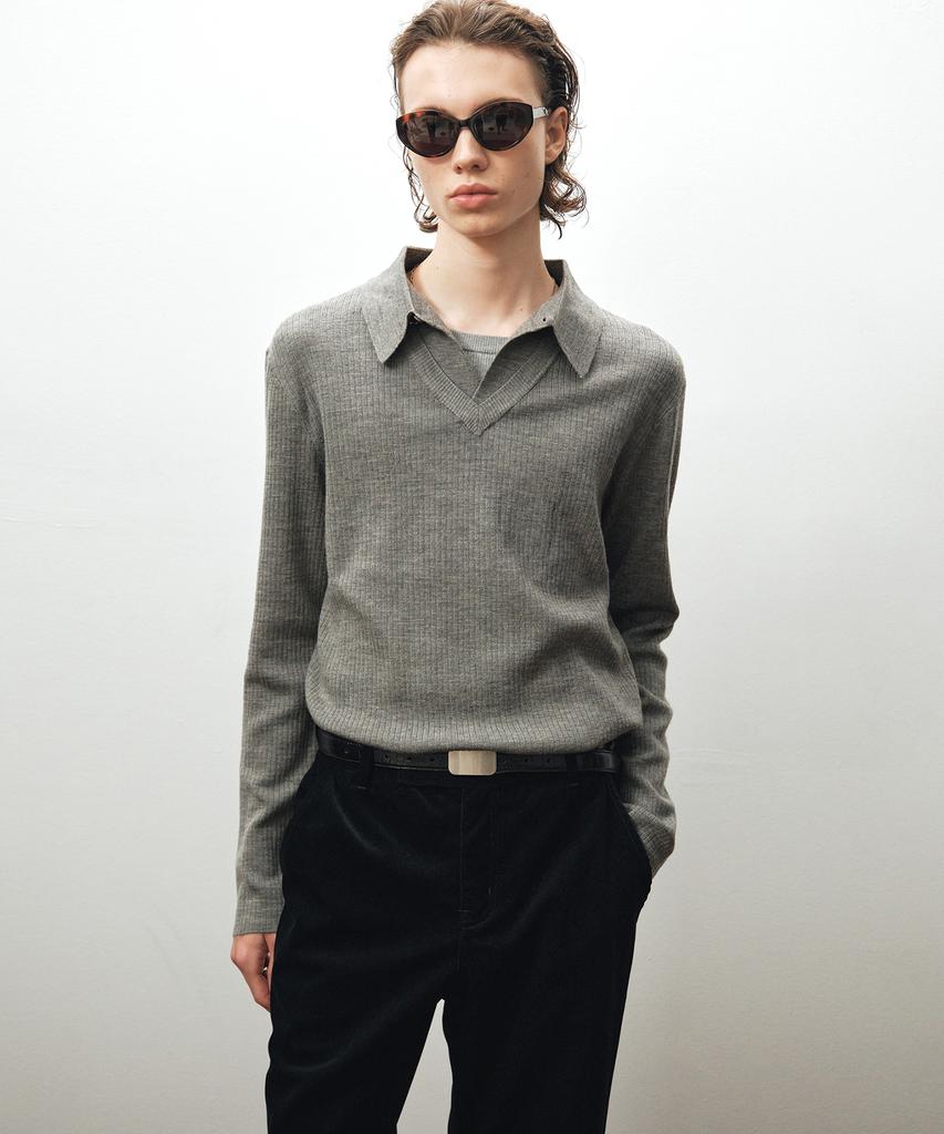 NOIRER Layered V-Neck Polo Knit (Gray)