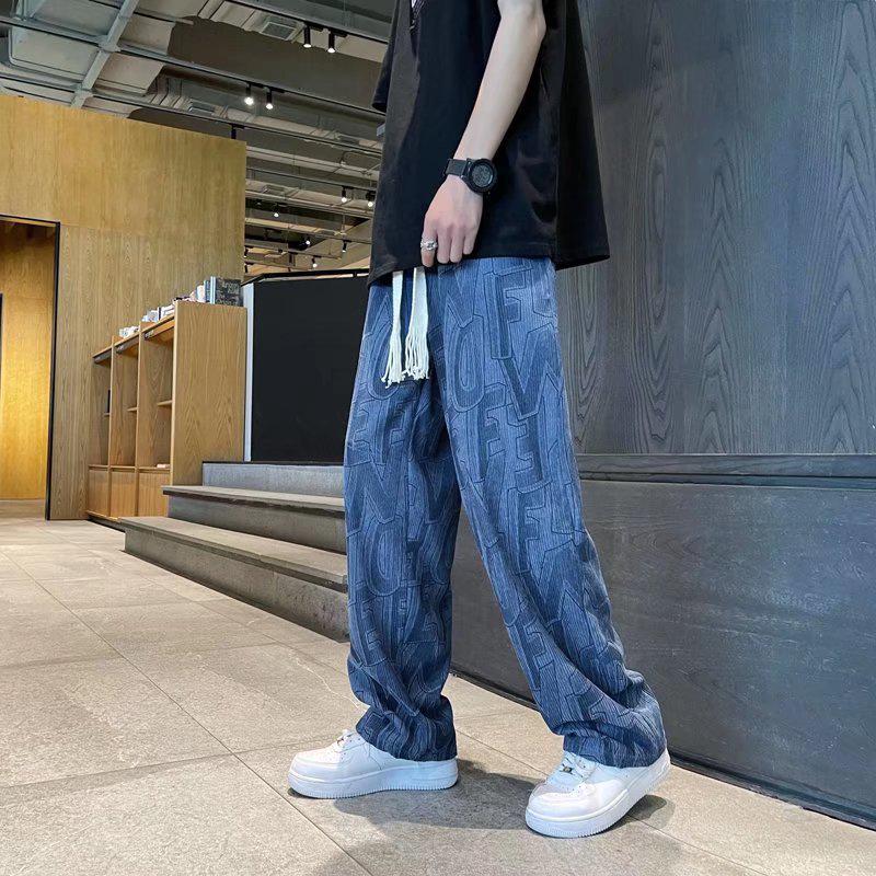 

Men s Trendy High Street Corduroy Full-Print Casual Pants - Retro Loose Straight Trousers for Spring and Autumn. S синій