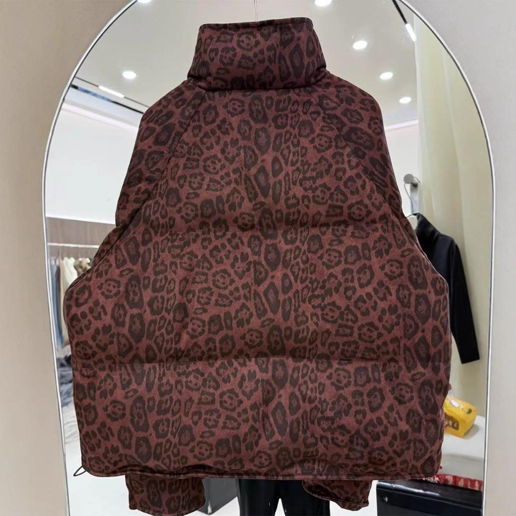 Short down jacket women's winter new American leopard print small thickened white duck down bread jacket