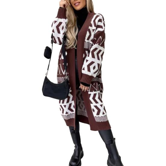 

Женский осенне-зимний свитер с длинными рукавами, кардиган, цветной блок, геометрический принт, вязаный кардиган, вязаная длинная верхняя одежда с открытой передней частью XL верблюд
