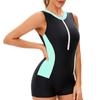 Womens Sleeveless Conservative One Piece Swimsuit Backless Color Block Neoprene Swimwear with Built In Bra Padded Support Zipper Front
