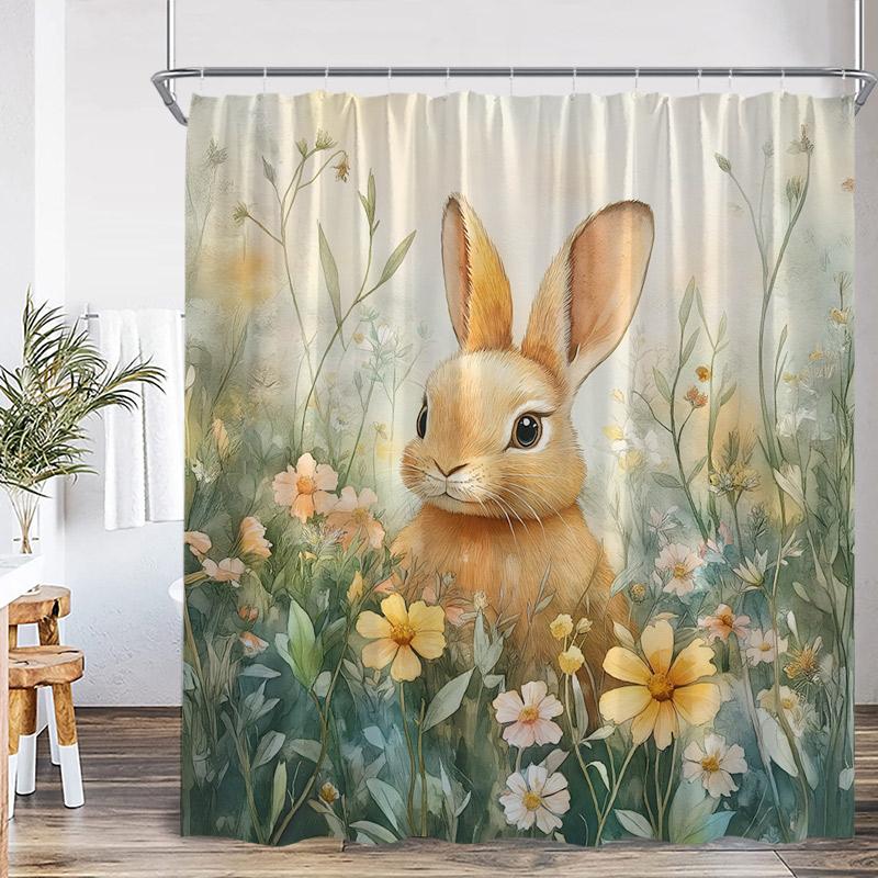 Easter Shower Curtains Watercolour Floral Leaves Butterfly Cute Rabbit Bath Curtain Fabric Home Bathroom Decoration With Hooks