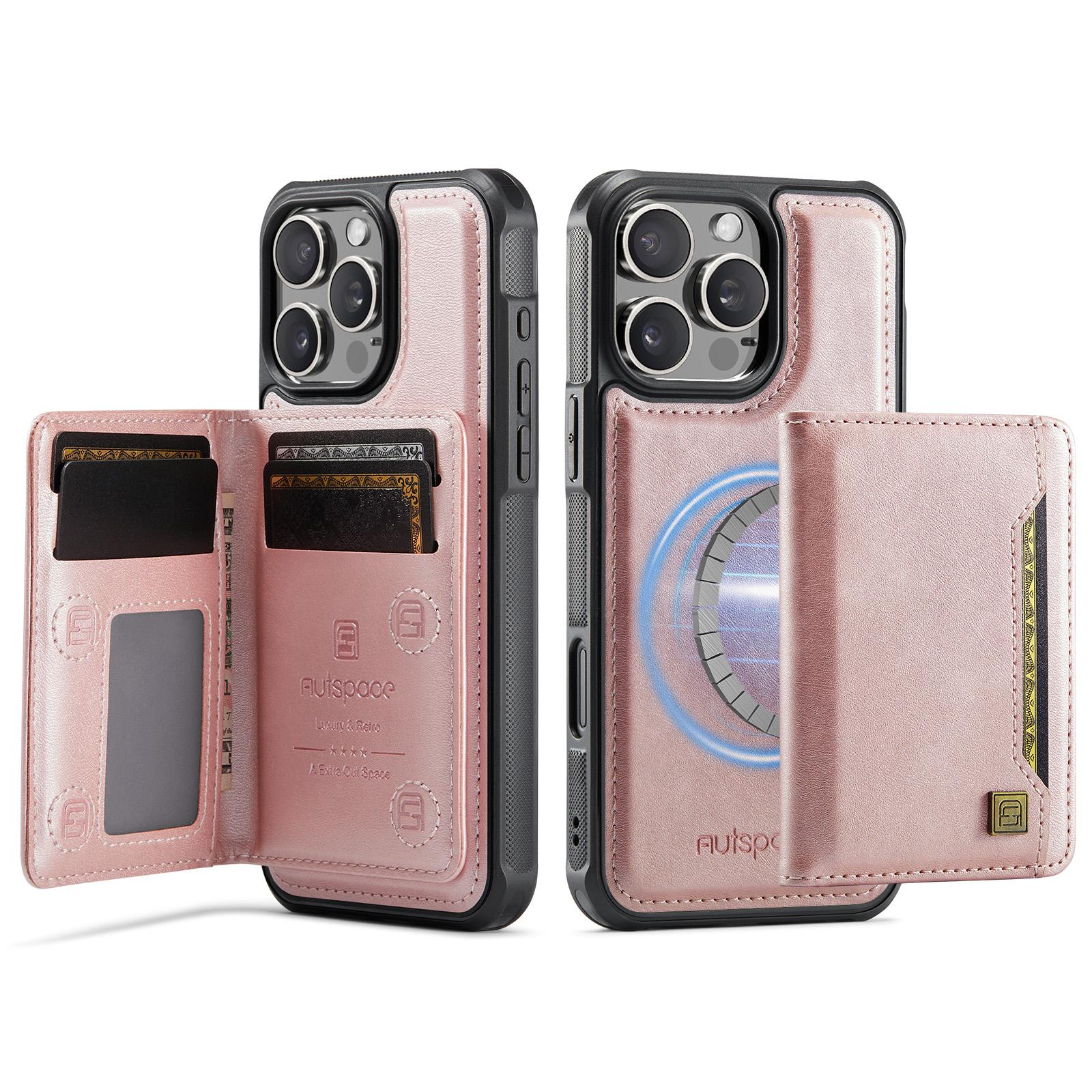 

Чехол для iPhone 16 Pro Max AUTSPACE A13 Винтажная кожаная задняя крышка со съемным магнитным карманом для карт Rose Gold