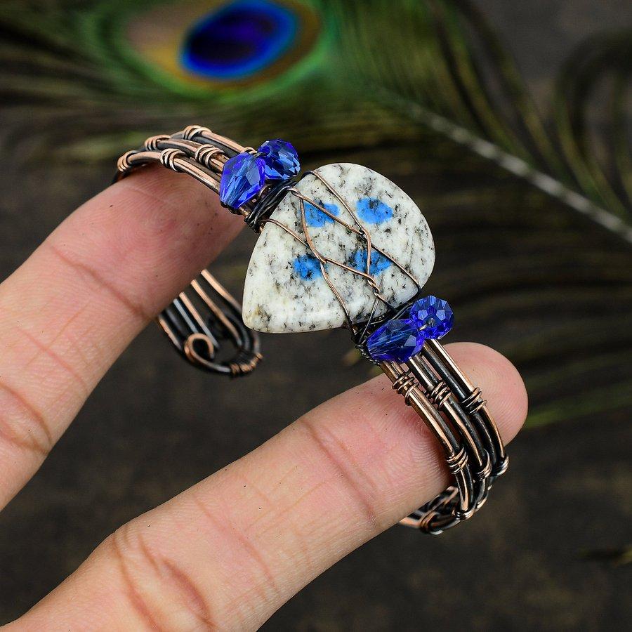 Natural K2 Azurite Gemstone Handmade Copper Wire Wrap Cuff Bangle Adj. p7G51