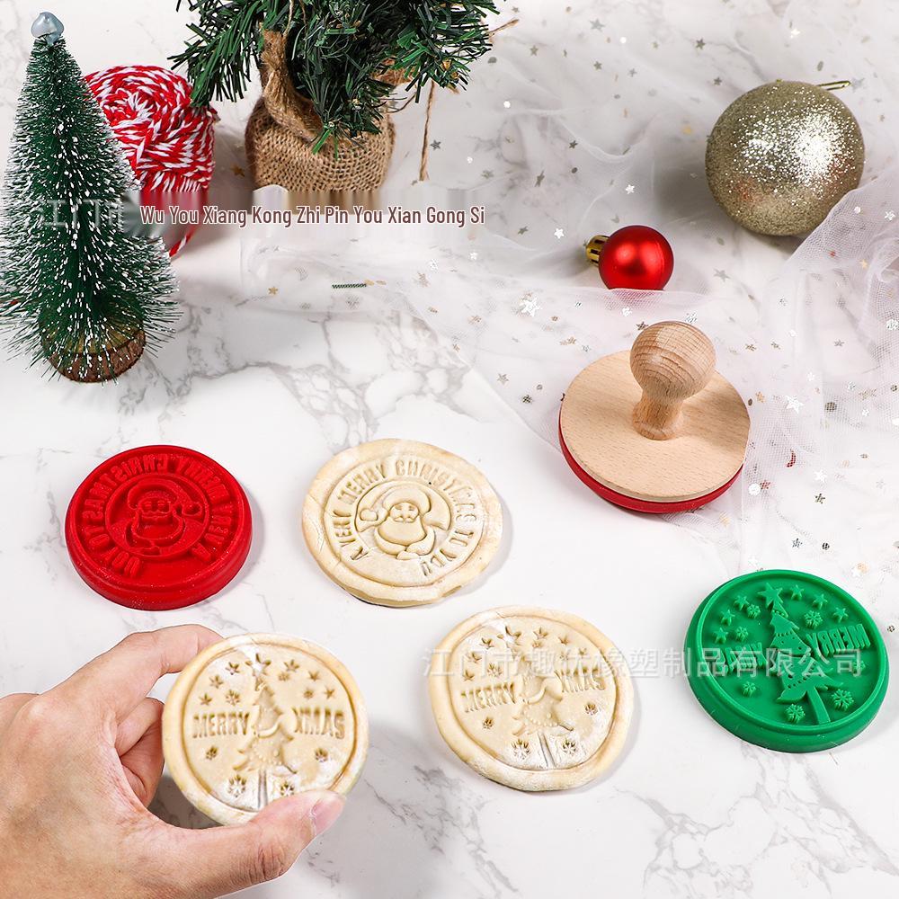 Christmas Cookie Stamp Mold Set with Wooden Handle - Santa Claus & Tree Designs, Silicone, Easy Release